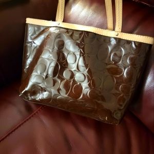 COACH Signature Brown Embossed Patent Leather Tote Handbag with Leather Pouch